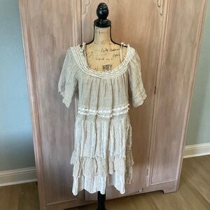 Marilu Tan Linen Blend babydoll Dress lagenlook boho beachy spring Italy vacay L